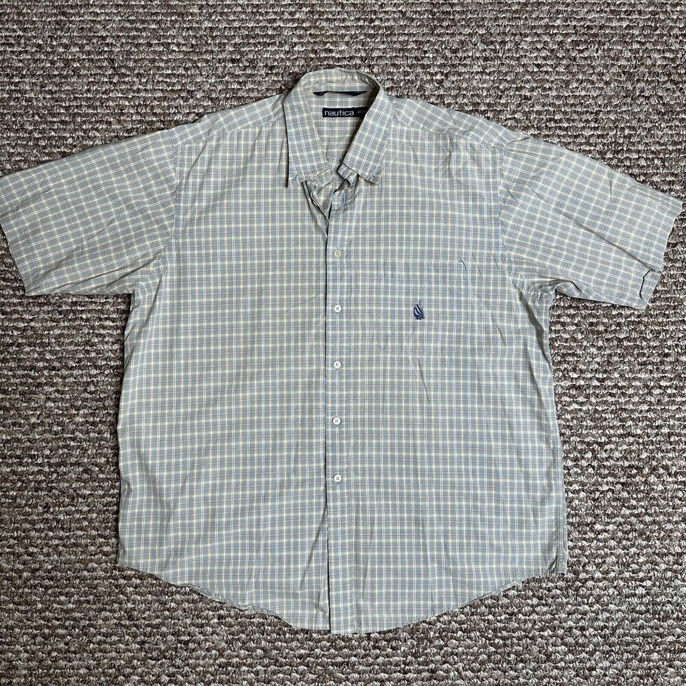 Nautica Shirt Mens XLarge Green Beige Striped Button Up Office Dress Cotton Men